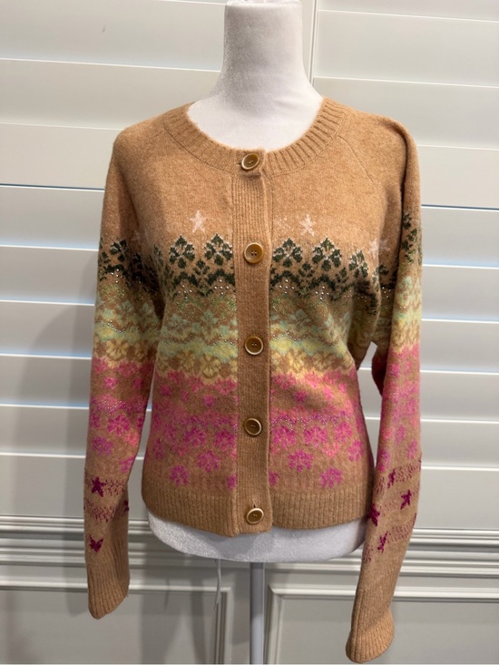 cinq a sept Sweaters - Cinq a Sept Camel Fair Isle Button-Front studded Women's Cardigan Sweater